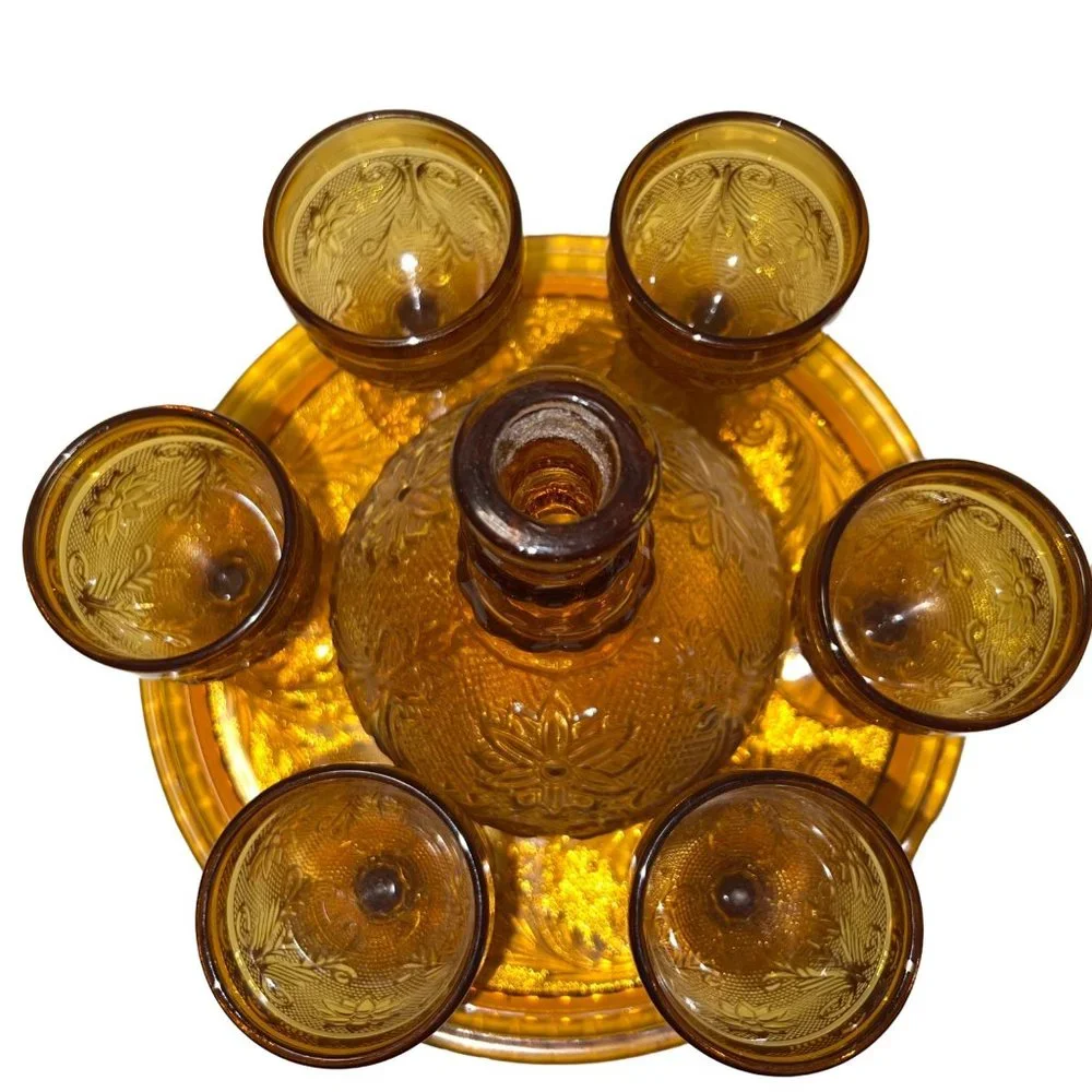 Vintage 9 Pc Decanter Set W/ Tray Indiana Glass Amber Tiara Sandwich Pattern